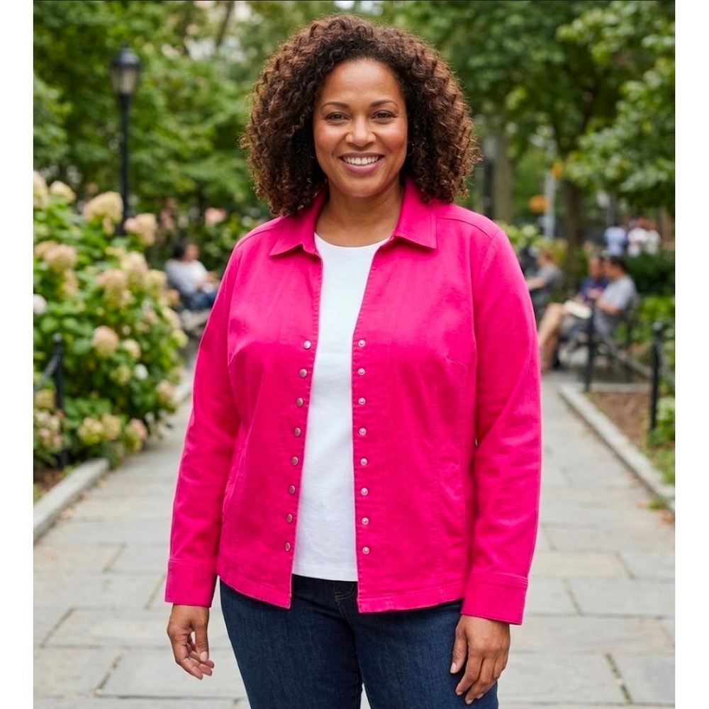 CJ Banks Christopher & Banks Pink Stretch Denim Jacket Snap Front Womens 2X